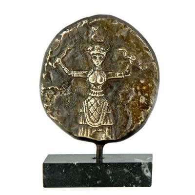 Goddess with Snakes, Brass relief plaque with patina, mounted on greek black marble base with white and grey waters.