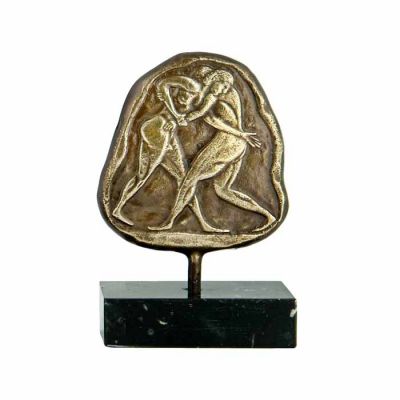 Wrestling, Olympic Games, Brass plaque with patina, mounted on greek black marble base, with white and grey waters.