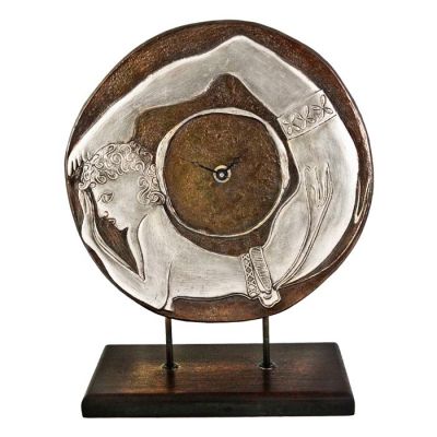 Acrobat Clock, Silver-plated Copper Clock, placed on wooden base.