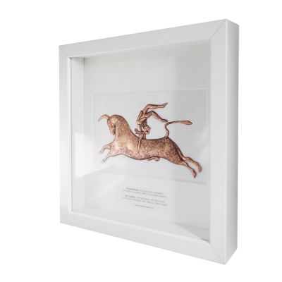 Bull Leaping, Knossos, Copper relief representation, mounted on a white wooden frame with glass.