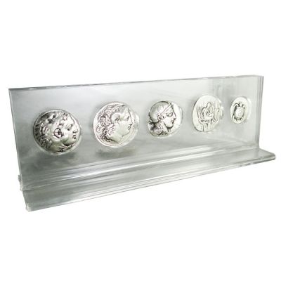 Ancient Coins Set, Silver-plated Brass in acrylic case.
