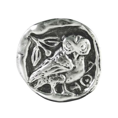 Owl, Silver-plated Brass Paper Weight, with depiction of the owl from the obverse side of the tetradrachm of Athens.