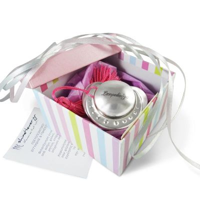 Baby pacifier coated with copper, silver-plated in silver solution 999°, engraved by laser in a gift box