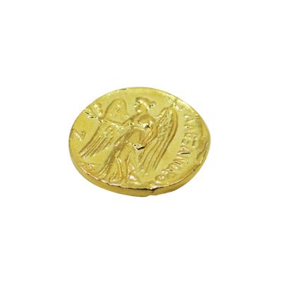 Καρφίτσα πέτου Αθηνά. Β΄ όψη χρυσός Στατήρας του Μεγάλου Αλεξάνδρου, αντίγραφο σε μασίφ ορείχαλκο.